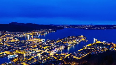 Sunset over the fjords Bergen, Norway time lapse.
