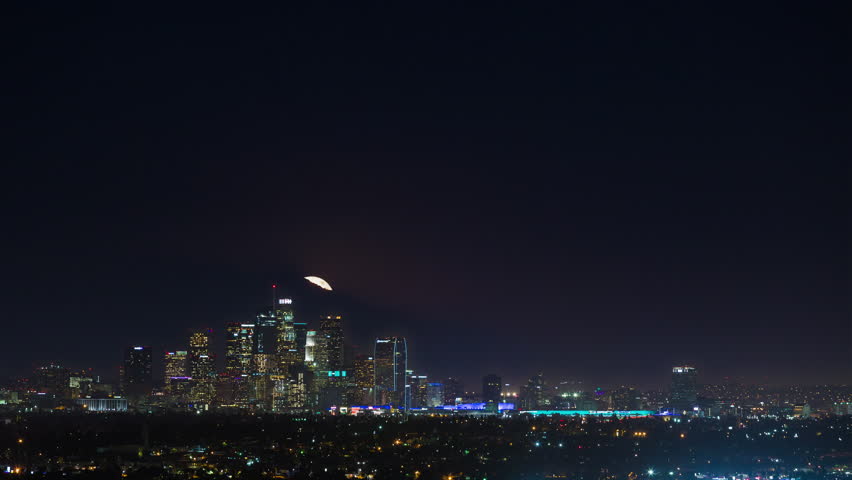 SuperMoon Rising Over Downtown Los Angeles, California Night Timelapse