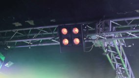 Closeup Of professional Strobe Lights And Active Motion Lumiere Above rock Concert Stage. Blinking Spotlights And Bright Lens, Floodlights Bulb on the concert. Musical performance Lighting Effect