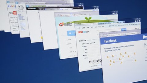 GUANGDONG, CHINA -  MARCH 26: Screen displays popular social network websites (Google, Facebook, Twitter, Youku, Sina, weibo, Tudou, Wiki, Baidu, Youtube), March 26, 2012 in Guangdong. Facebook is now closing in on 1 billion users (800 million users claim