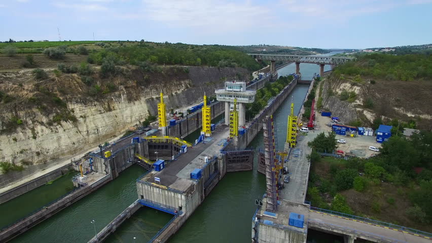 Aerial view of Cernavoda sluice gate, Ecluza Cernavoda, Romania