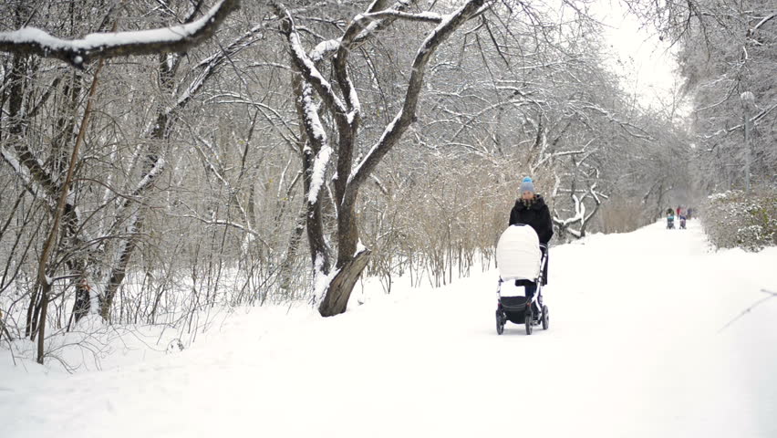 Woman with pram walking in winter Royalty-Free Stock Footage #21350329