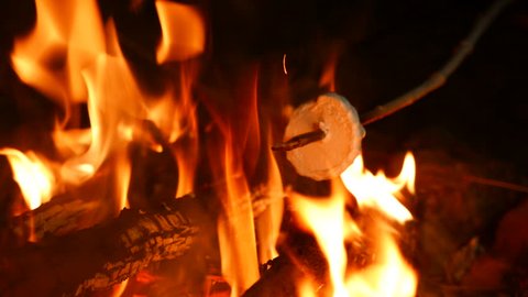 4K .Roasting Marshmallows At Camp Fire. Outdoor life