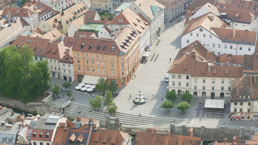 Robba Fountain in Ljubljana center, Slovenian tourist attraction, aerial view