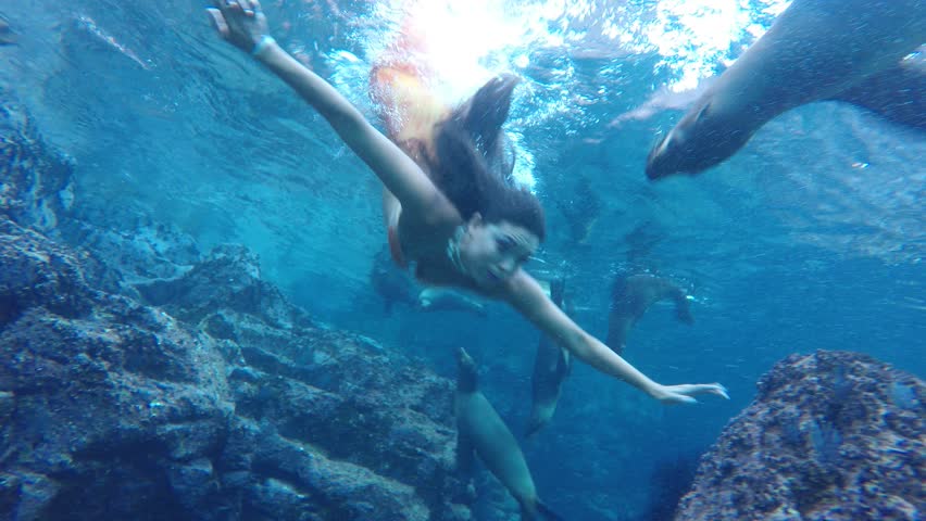 black hair Mermaid swimming underwater in the deep blue sea with a sea lion
