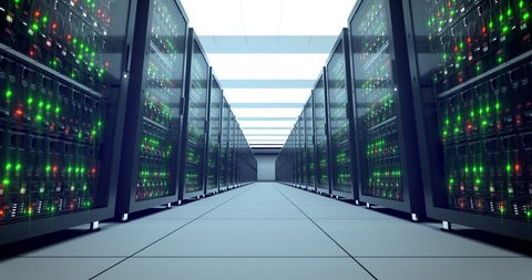 Servers racks.  Modern datacenter. Cloud computing. 4k UHD. Server in datacenter. Cloud computing data storage 3d rendering. 4k animation