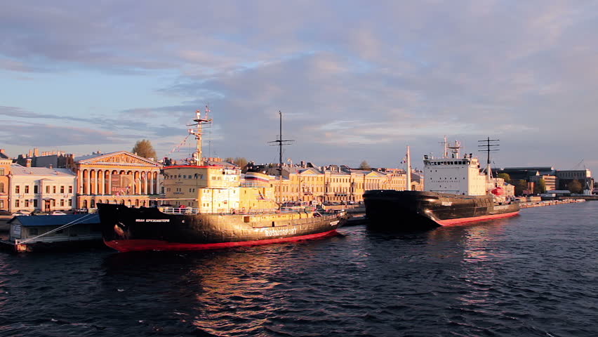Icebreaker Ships Moored In English Embankment, These surface vessels lit by warm orange evening sun are vital for keeping shipping lanes open in the winter months, St. Petersburg, Russia, may 2016
