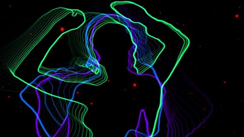 3 dancing girls outlined silhouettes colored neon style with star trails background. 