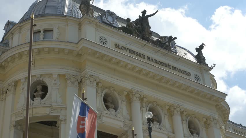 Dutch angle shot of the Bratislava National Theater frontispiece, in Slowak Republic.