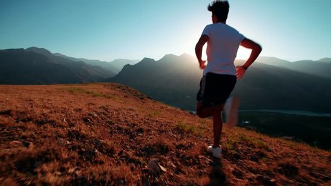 mountain landscape Asian running man Jogging in the morning slow motion