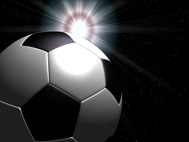 Leather soccer ball rotating,high detailed,sun and glittering stars on the