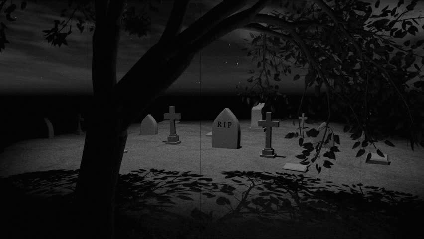 Classic film technique of Skeleton walking through graveyard