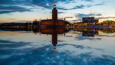 Time lapse of Stockholm's most famous landmark, The City Hall. This is where the Nobel prize banquet takes place every year. Vertical panning.