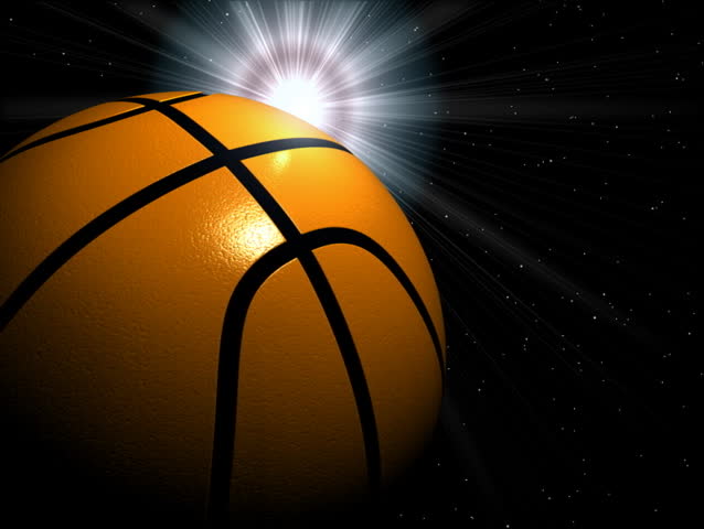 Basketball ball rotating with sun and glittering stars on the