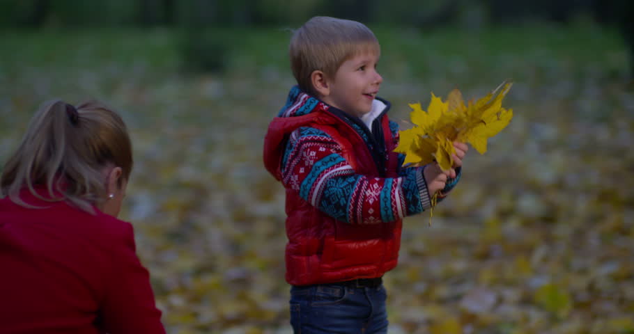 Happy child playing outdoors in autumn park -  throws yellow leaves | Shutterstock HD Video #21416731