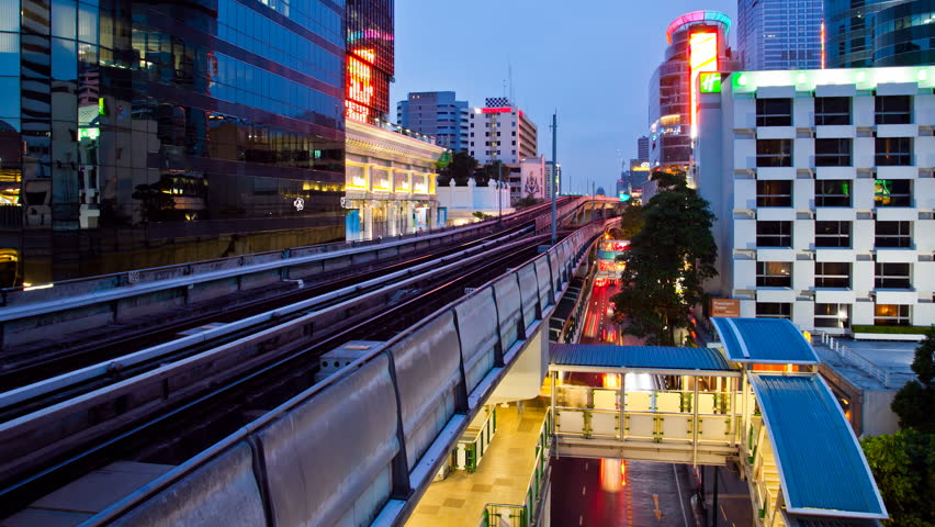 BANGKOK - APRIL 6: Timelapse  view of Bangkok Aerial Metro (BTS) at Night on