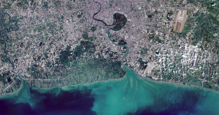 High-altitude overflight aerial of Bangkok, Thailand. Clip loops and is reversible. Elements of this image furnished by NASA 