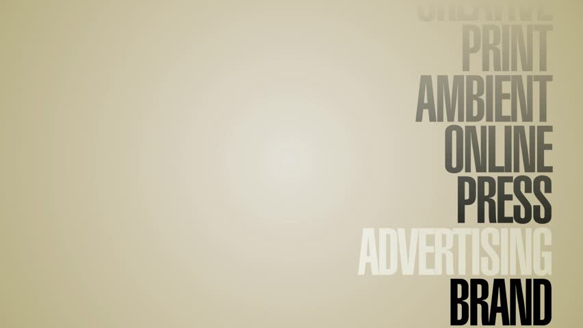 A looping, vertical carousel of words relating to advertising with copy space.