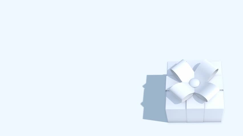 Three dimensional animation of a white gift box on a white background with copy