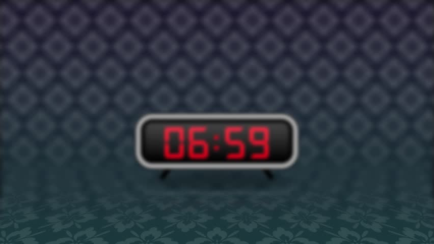 Computer generated animation of a digital alarm clock ringing in the morning.