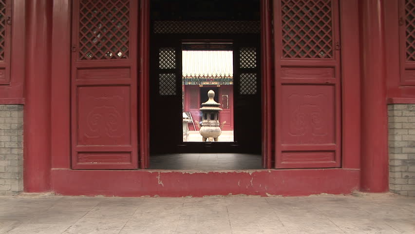 Bronze pagoda incense burner through door, White Cloud Temple, world