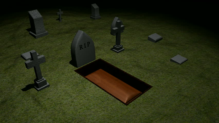 Skeleton in casket in graveyard going into grave.  HD 1080. 3D animation.