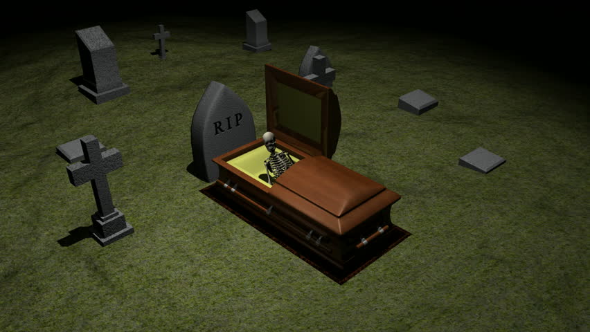 Skeleton in casket coming out of grave. HD 1080. 3D animation.