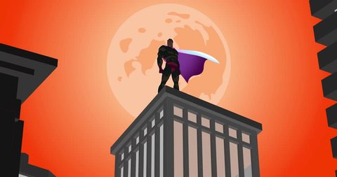 Superhero standing on the roof of a skyscraper and looks into the distance. The camera moves from the bottom up. Develops cape. A huge moon in the night sky crimson.