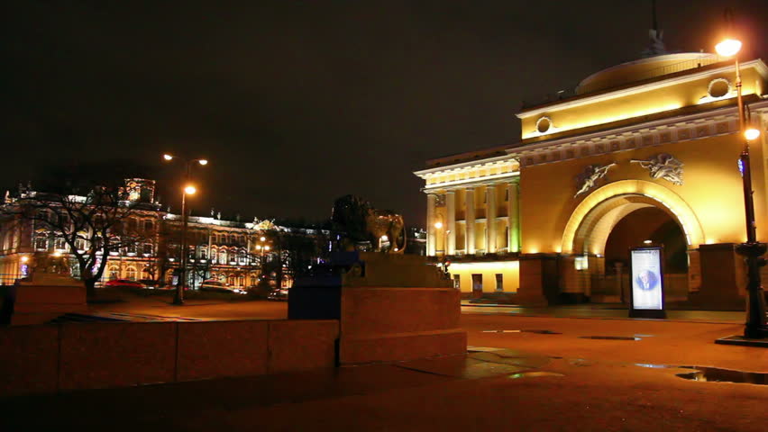 lion statue near hermitage in Saint Petersburg at night