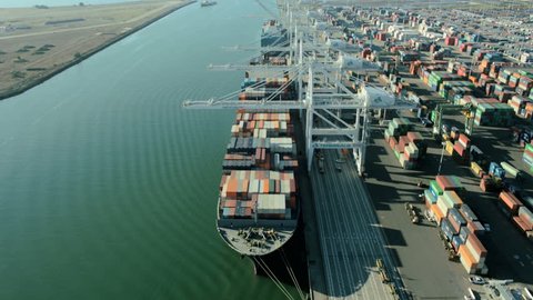 Aerial view of container ship anchored in the Port of Oakland loaded with containers, San Francisco, North America