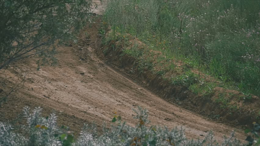 Two rally cars passing on the sandy track in the forest
