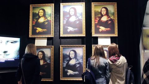 Non Original Mona Lisa, Art Work of painting by Leonardo da Vinci, hangs on the wall. Exhibition of Mona Lisa reproductions in several variations. Saint-Petersburg, Russia, june 2016