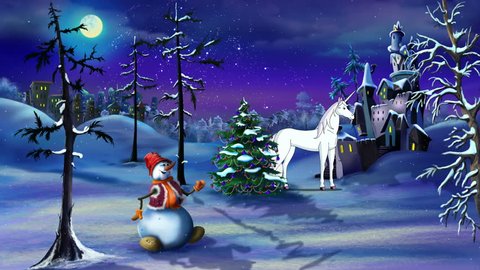 Christmas Fantasy with Magic Unicorn, Snowman, Christmas Tree and Fireworks. Handmade animation in classic cartoon style.