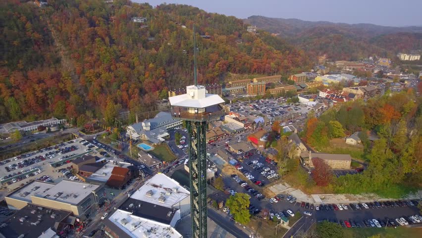 Gatlinburg Tennessee lookout tower over the mountains 4k aerial