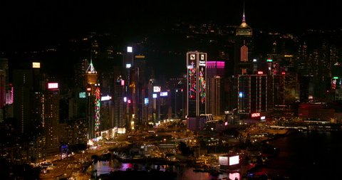 CHINA, HONG KONG - FEBRUARY 2016: Illuminated Skyscrapers At Night; Hong Kong China