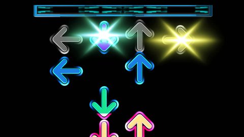 Seamless animation arrows moving up the screen and disappear on the top. Colorful arrows in dancing game concept. Arrow moving pattern with black background in 4k.
