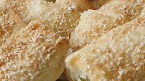 Dough sheets rolls baked with cheese and spinach filling close-up 4K 2160p 30fps UHD tilting footage - Served on plate filo pie with sesame 3840X2160 UltraHD slow tilt video