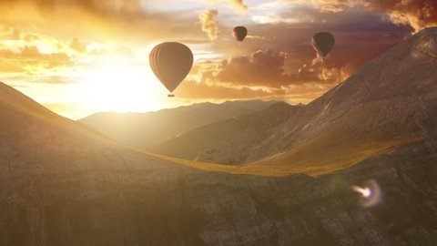 Aerial Flight Over Hot Air Baloons in a Mountain Range at Sunset Beautiful Nature Summer Landscape Beauty Religion Relaxation Inspiration Treavel Destination Vacation