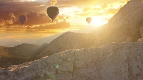 Beautiful Hot Air Balloons at Sunset Freedom to Travel Vacation Exploration Aerial Drone Flight Over Mountains Landscape Background