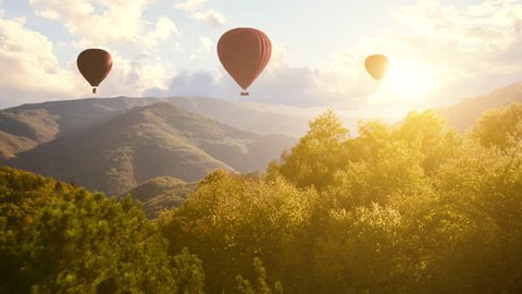 Hot Air Baloons Aerial Drone Flight Over Beautiful Autumn Forrest at Sunet Mountains Beautiful Landscape Background Sunny Vacation Travel Destination Concept
