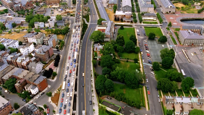 Aerial view of overpass with traffic in Boston