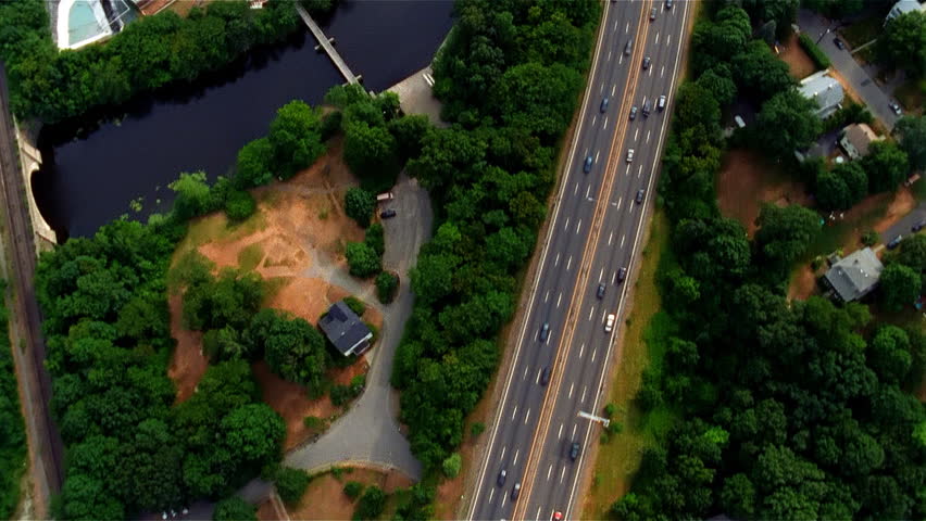 Aerial view of river and expressway near Boston
