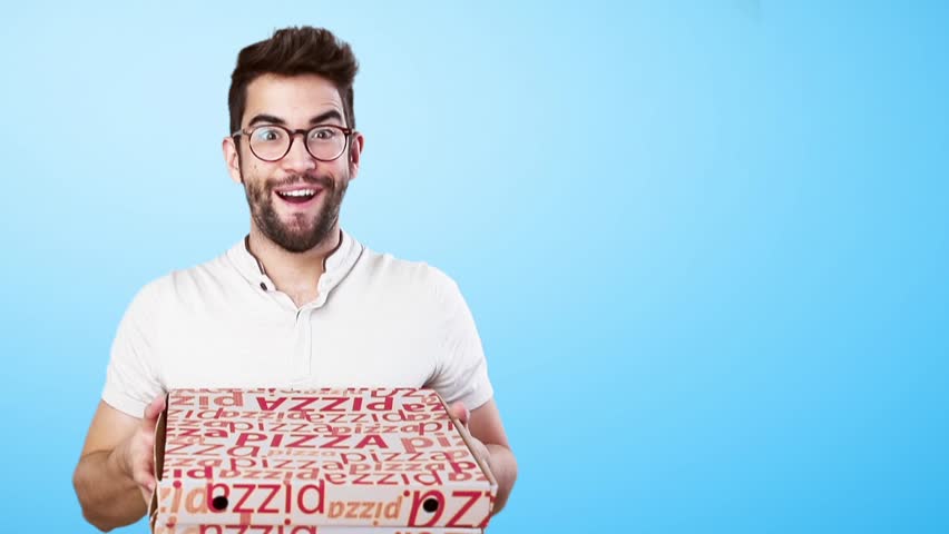 young man holding pizza box