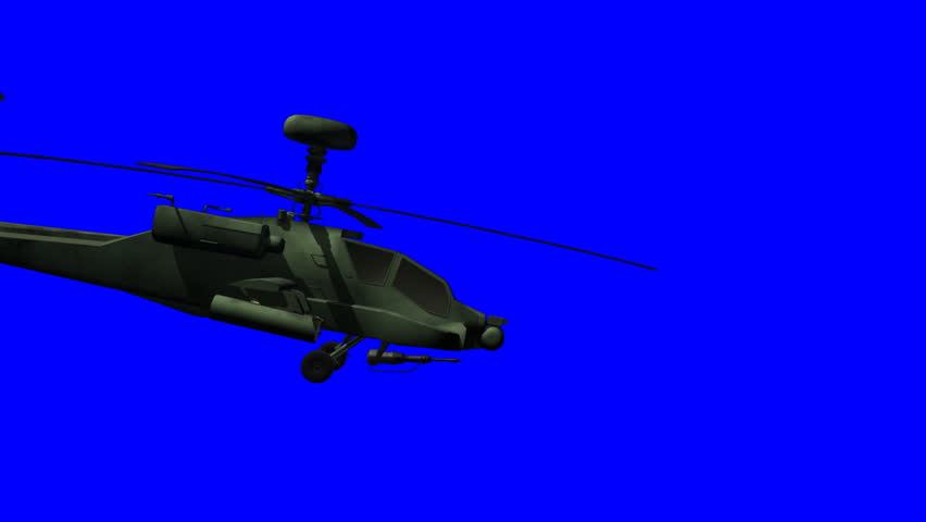 Animation of an Apache helicopter passing by including bluescreen.