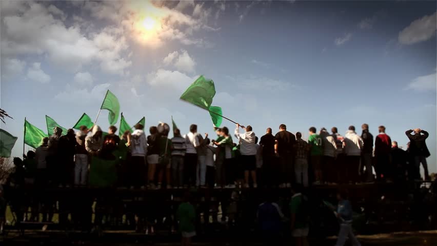 Back View of Rugby Supporters Waving Flags, Outdoor Match, Argentina