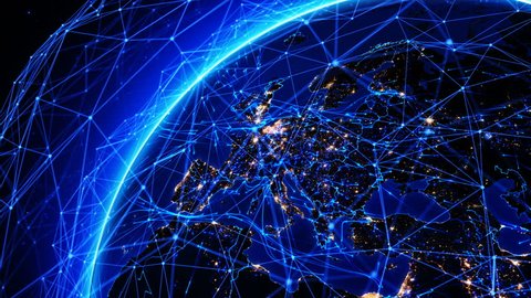 Bright connections forming a network over Europe. This video can be used to represent concepts like technology, social networks, communication, air and sea transportation. 