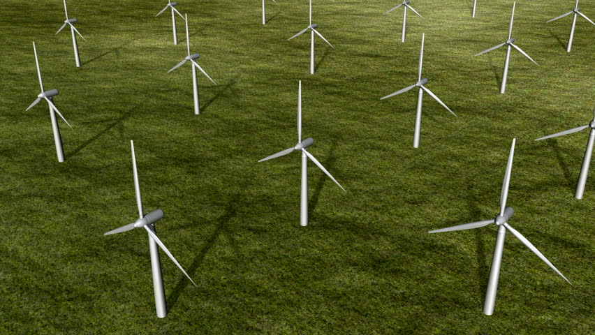 Wind turbine in grass. Aerial view. 3D animation Loopable. HD 1080i