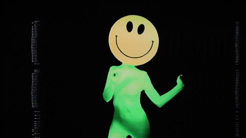 A sexy woman with a large acid smiley face emoticon on her head dancing around, with distortion, glitches and effects