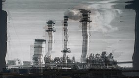 a huge petrochemical plant in spain. this version has been distorted with video glitches and effects