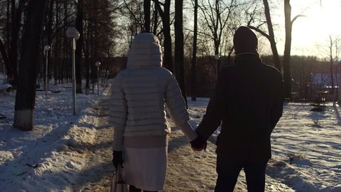 Man and woman walking in winter park holding hands 4K steadicam shot. Back view
